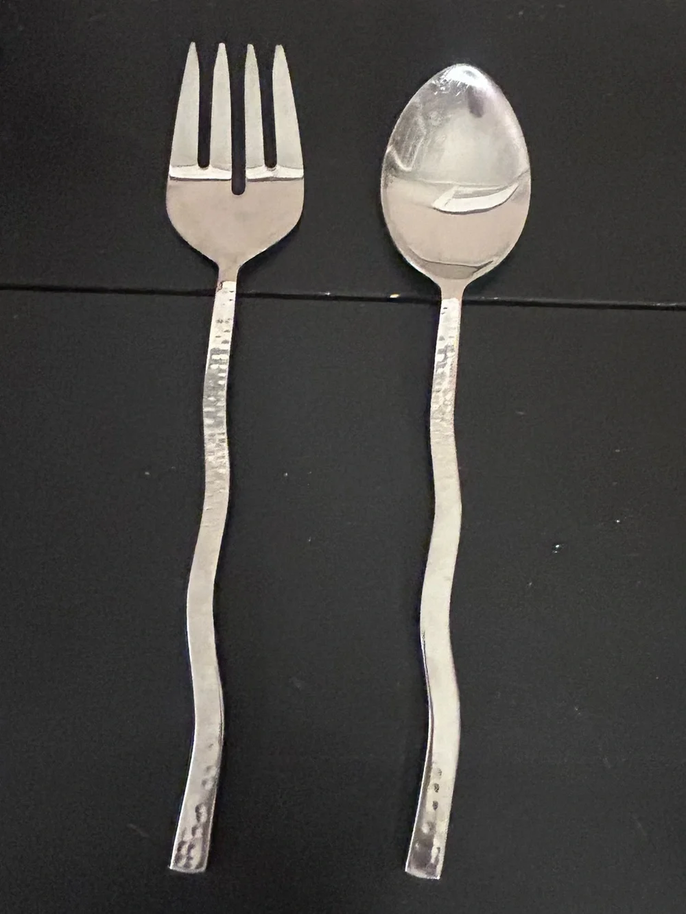 Handcrafted Hammered Stainless Serving Spoon & Fork - Silver